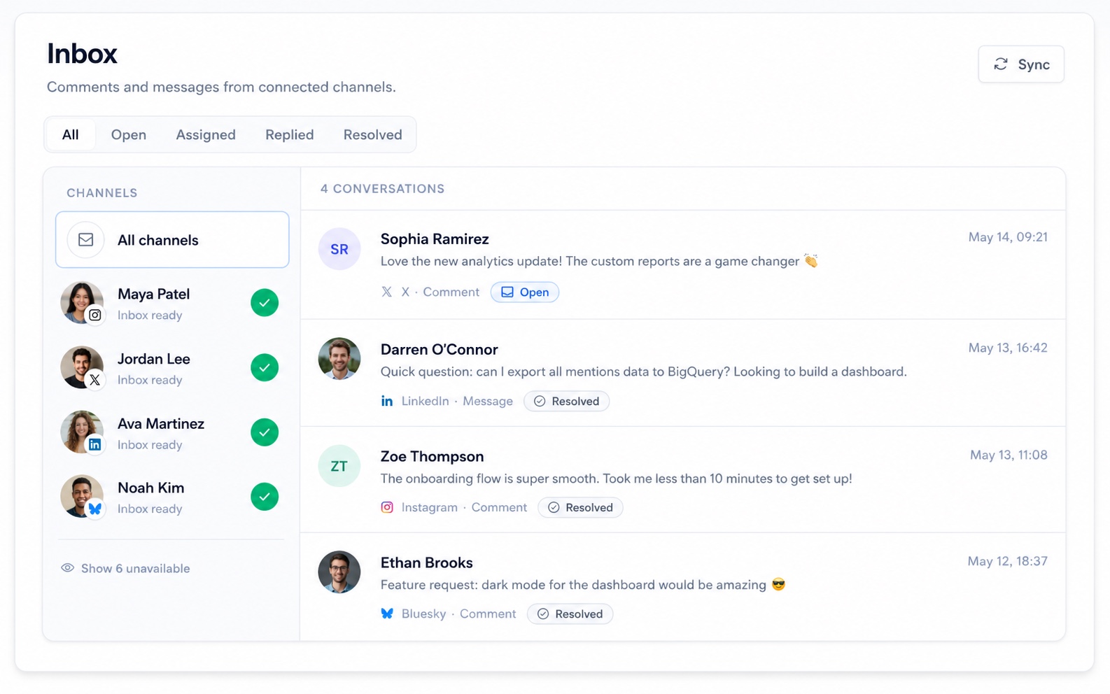 SocioQueue inbox showing social conversations, status, and assigned team members
